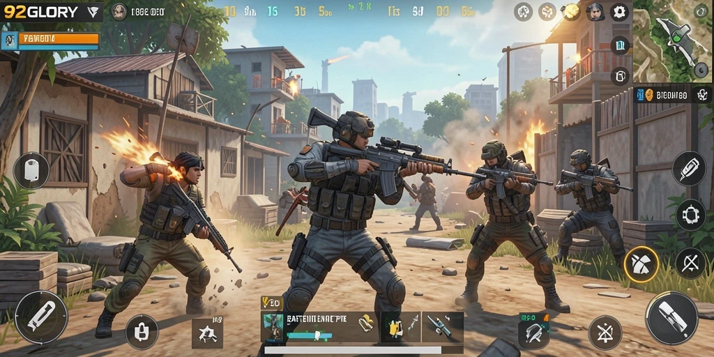 Screenshot gameplay 92GLORY menampilkan aksi seru dalam pertempuran Battle Royale.