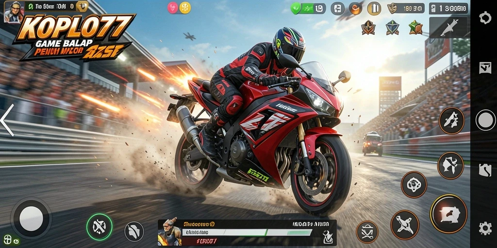 Screenshot gameplay KOPLO77 menunjukkan aksi balapan motor yang mendebarkan.