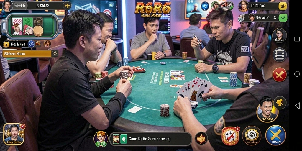 Tampilan gameplay menarik di R6R6 dengan suasana permainan poker.