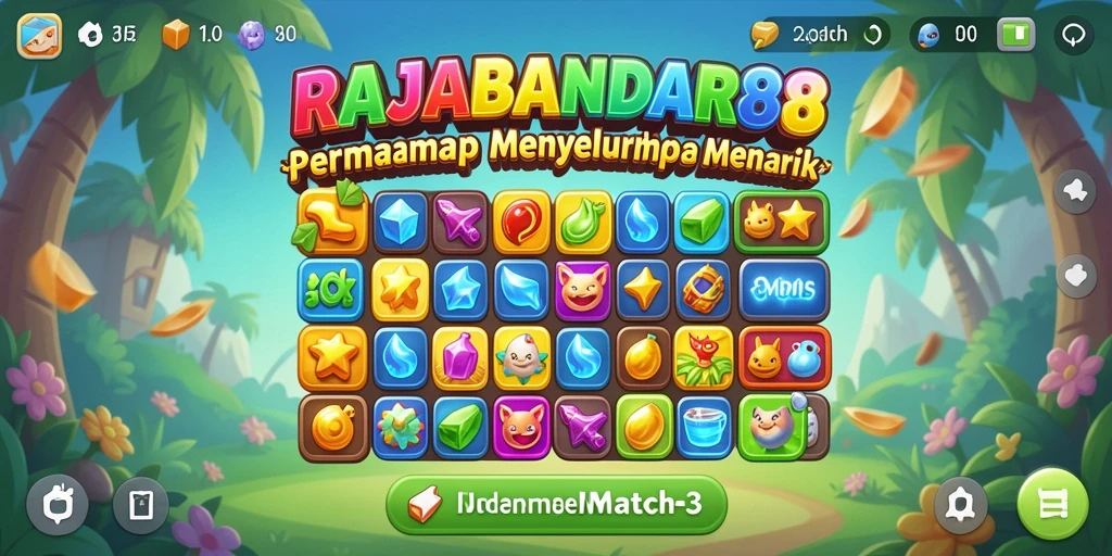 Tangkapan layar gameplay RAJABANDAR88 yang penuh warna dalam suasana Match-3.