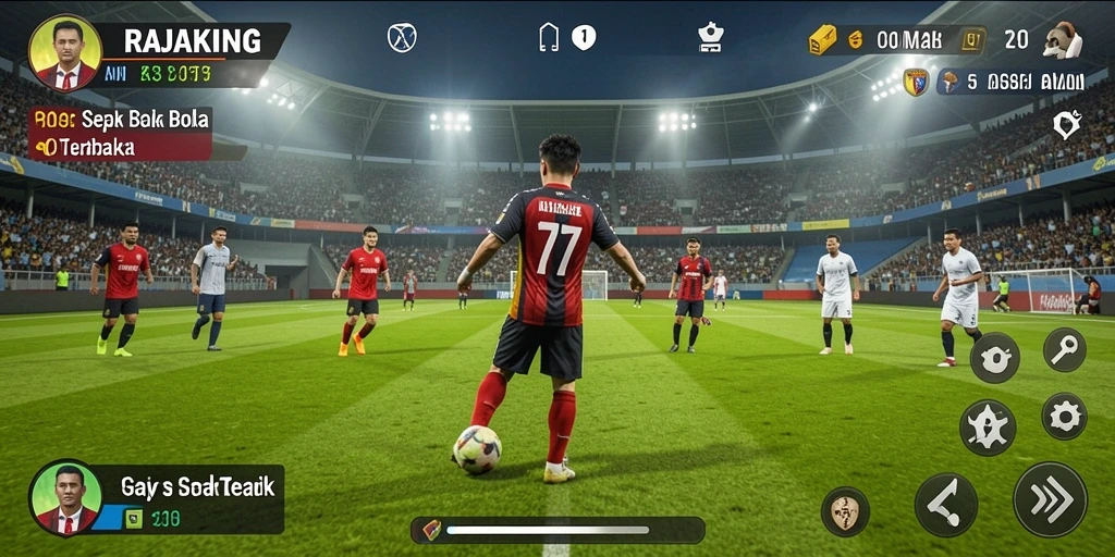 Tampilan gameplay RAJAKING menampilkan aksi seru sepak bola.