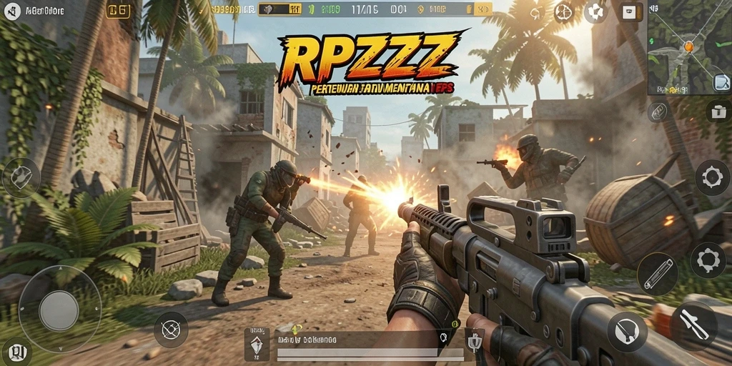 Screenshot utama RPZZZ menampilkan aksi tembak-menembak yang intens.