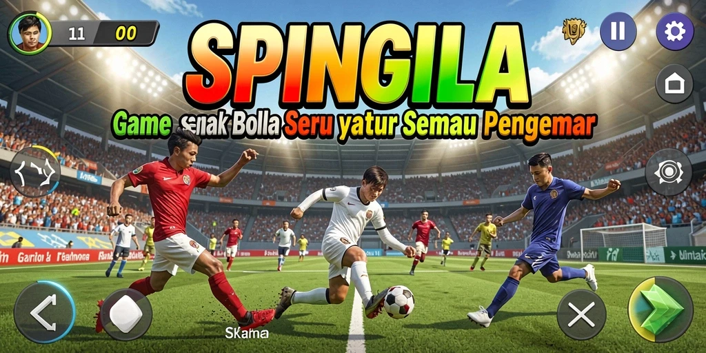 Screenshot gameplay SPINGILA menampilkan aksi seru di lapangan sepak bola.