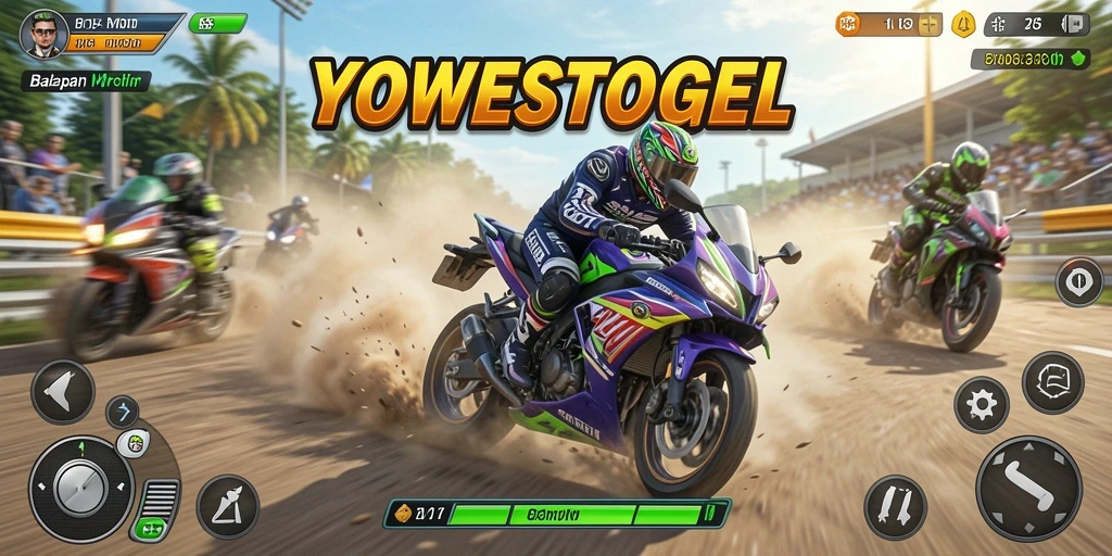 Tangkapan layar gameplay YOWESTOGEL menampilkan aksi balapan motor yang mendebarkan.
